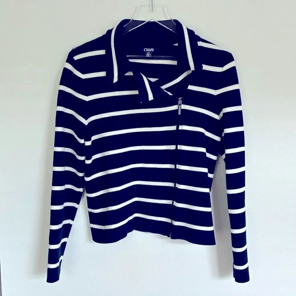 Chaps Navy White Striped Blazer Jacket Front Zip Up Size Medium